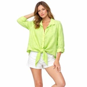 Chico's Linen Top No-Iron Linen Button Down Green Sz L Dopamine‎ Resort Vacation